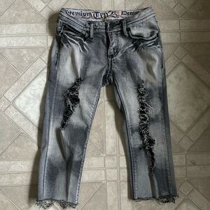 Premium TEN25  GRAY Denim Jeans Distressed CROPPED? or CUT? Junior Size 1/2